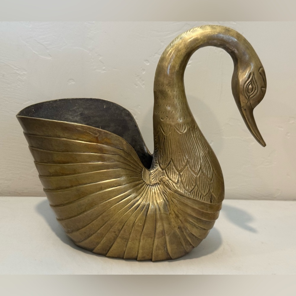 Vintage Solid Brass 10 inch Swan Showpiece Planter natural patina - Picture 3 of 12